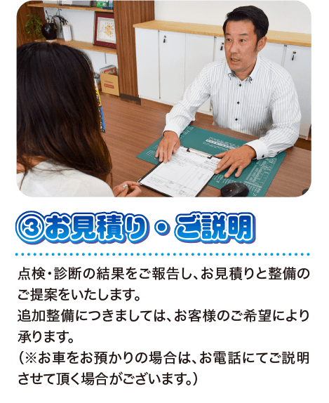 ③お見積り・ご説明 点検・診断の結果をご報告し、お見積りと整備のご提案をいたします。追加整備につきましては、お客様のご希望により承ります。（※お車をお預かりの場合は、お電話にてご説明させて頂く場合がございます。）