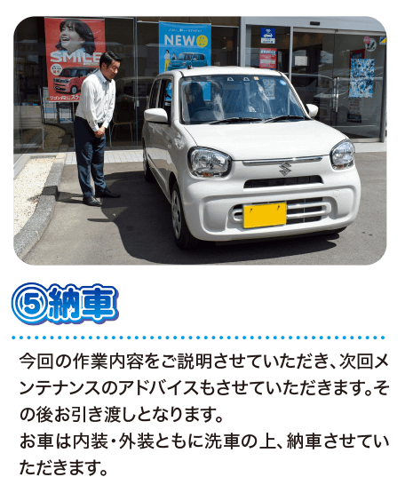 ⑤納車 今回の作業内容をご説明させていただき、次回メンテナンスのアドバイスもさせていただきます。その後お引き渡しとなります。お車は内装・外装ともに洗車の上、納車させていただきます。