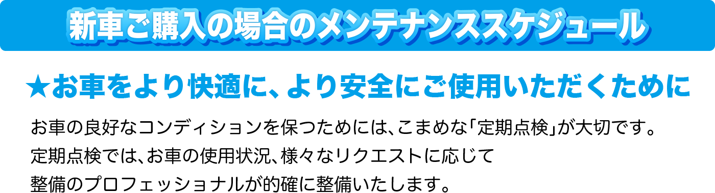 お車のメンテナンススケジュール ★お車をより快適に、より安全にご使用いただくために お車の良好なコンディションを保つためには、こまめな「定期点検」が大切です。定期点検では、お車の使用状況、様々なリクエストに応じて、整備のプロフェッショナルが的確に整備いたします。